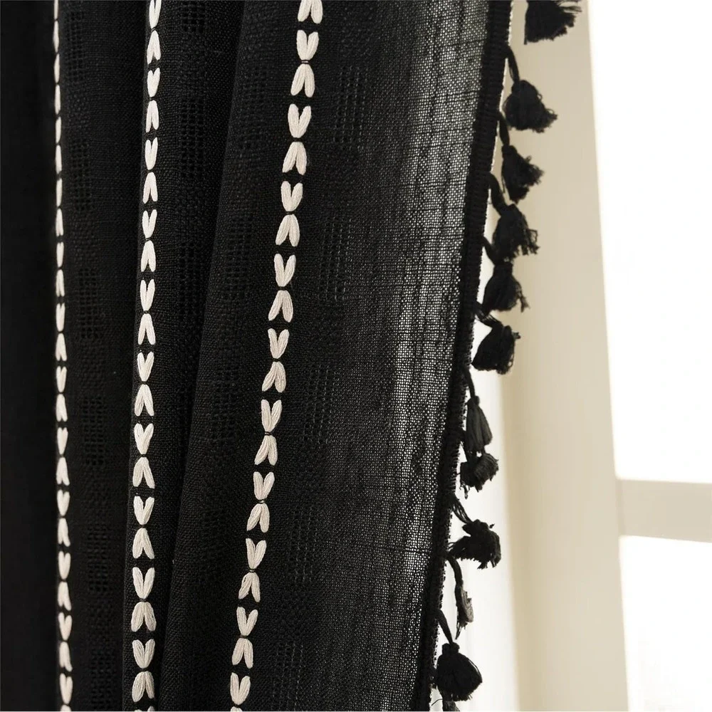 NWT Black Semi Sheer Curtain 52x84 Boho Earthy Indie Ethnic Tassels Embroidery
